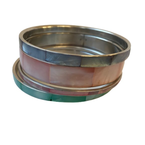 Vintage Shell Inlay Silver Boho Bangle Bracelets - Picture 3 of 16